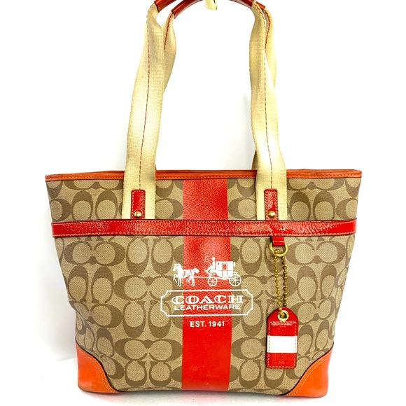 COACH Heritage 11350 Orange Tan Signature Coated Canvas Tote Shoulder Bag